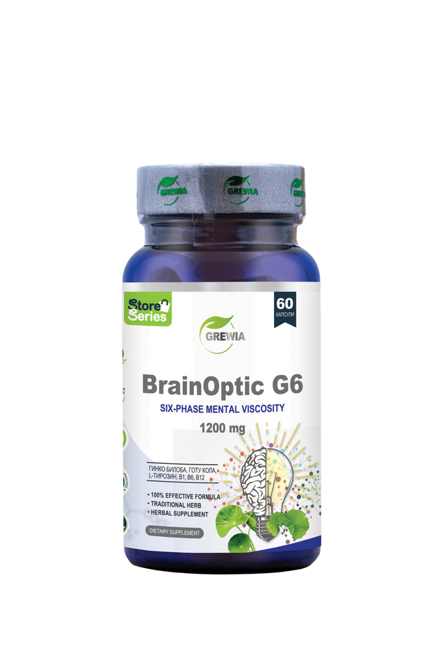 BrainOptic G6 Ginkgo Biloba, Gotu Kola, L-Tyrosine, Vitamin B6 – 1200 mg, 60 Caps.  Grewia - Nutra Best Bulgaria