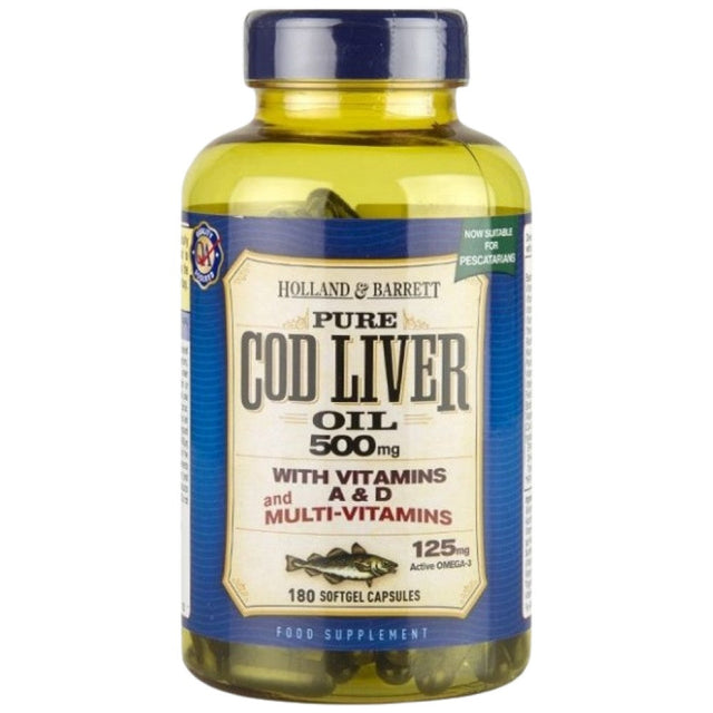 Cod Liver Oil 500 mg | With Multi Vitamins - 180 Гел капсули  Holland & Barrett - Nutra Best Bulgaria