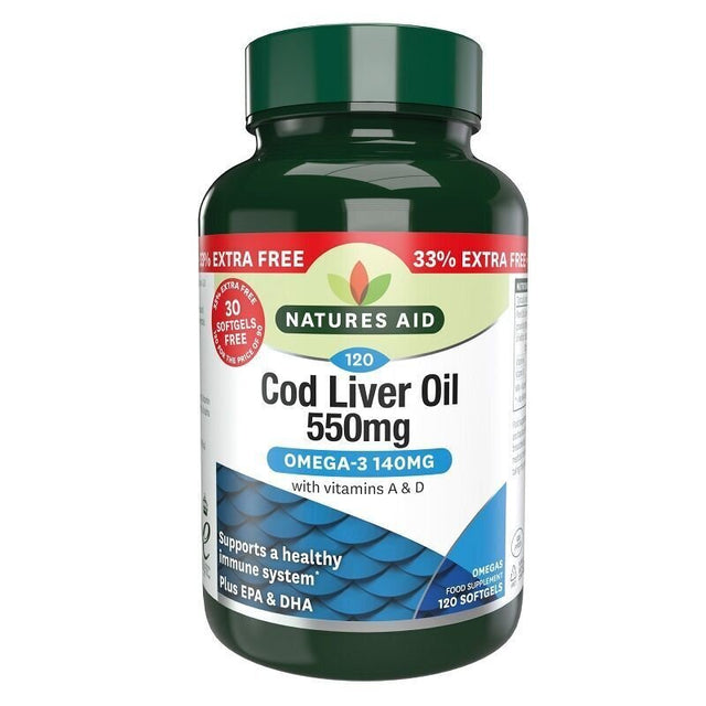 Масло от черен дроб на треска (Cod Liver Oil) 550мг 120 меки капсули NaturesAid  Natures Aid - Nutra Best Bulgaria
