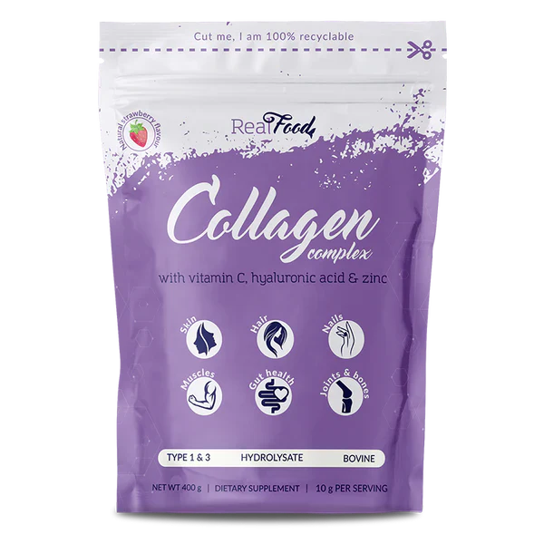 Collagen Complex с хиалуронова киселина, витамин Ц и цинк – 9400 г на доза, 400 г (40 дози)  RealFood - Nutra Best Bulgaria