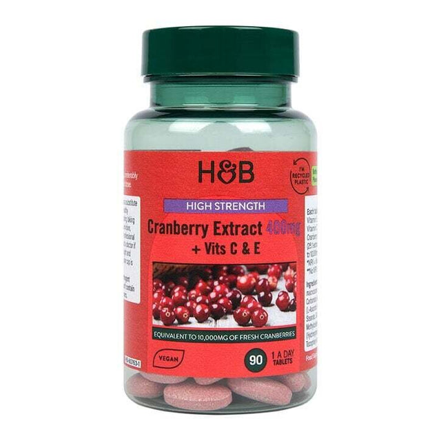 Червена боровинка с витамини С и Е / Cranberry Extract + Vit C & E 400mg 90 tablets таблетки, H&B  Holland & Barrett - Nutra Best Bulgaria