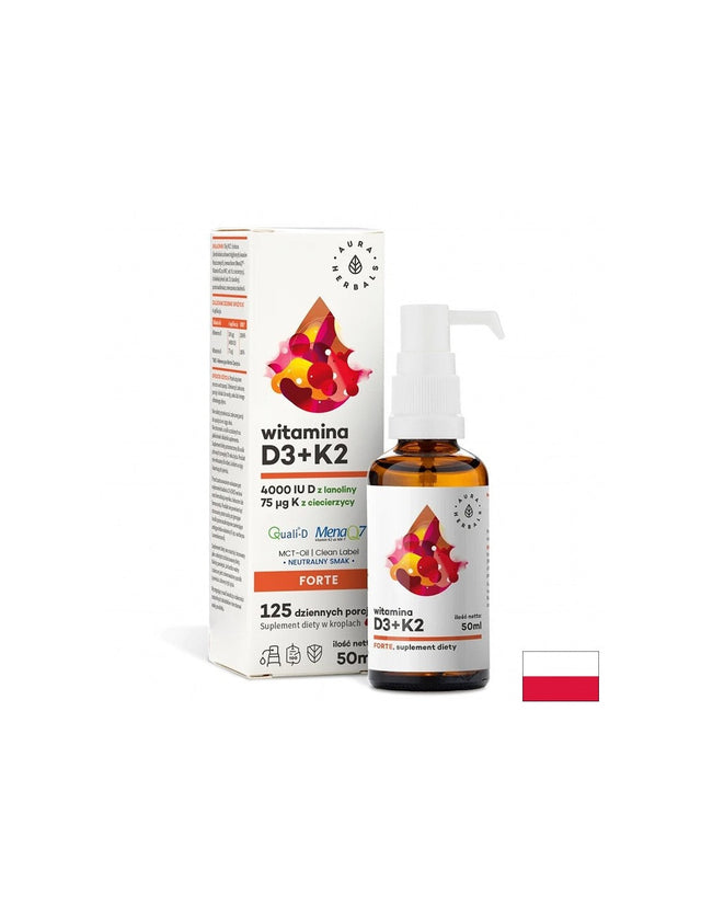 Кости и стави Витамин D3 1000 IU + K2 18.75 µg Форте 50 ml орален спрей  Aura Herbals - Nutra Best Bulgaria