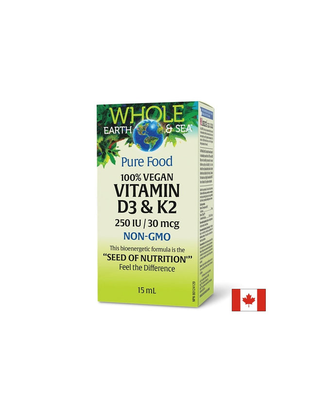 Витамин D3 250 IU + K2 30 µg Whole earth and sea® - За кости, имунитет и здрави кръвоносни съдове, 15 ml капки  Natural Factors - Nutra Best Bulgaria