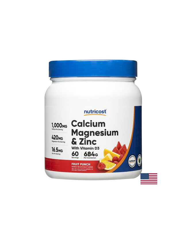Здрави кости и зъби - Калций+Магнезий+Цинк+Витамин D3, 325 g прах с плодов вкус  Nutricost - Nutra Best Bulgaria