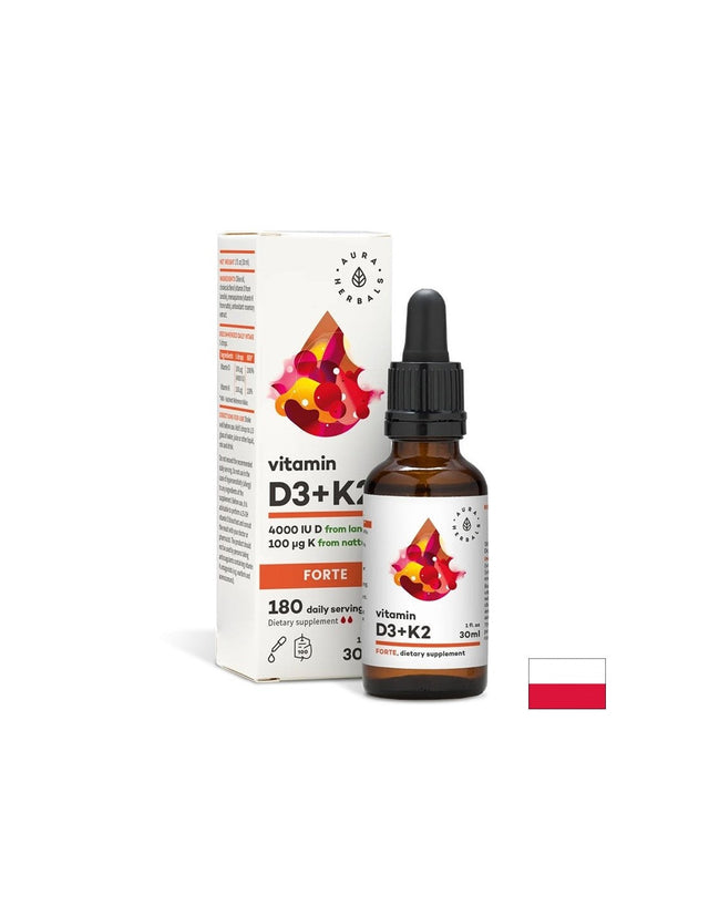 Кости и стави - Витамин D3  800 IU + K2 20 µg (форте), 30 ml капки  Aura Herbals - Nutra Best Bulgaria