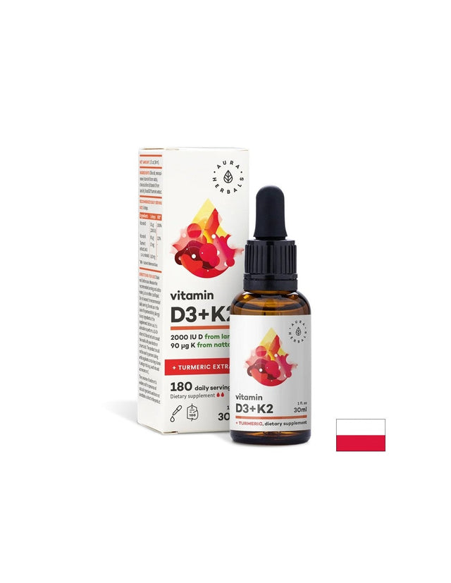 Кости и стави - Витамин D3 800 IU + K2 36 µg + Куркума, 30 ml капки  Aura Herbals - Nutra Best Bulgaria