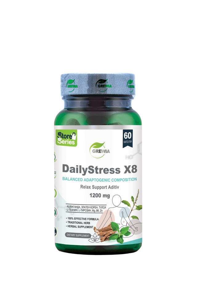 DailyStress X8 Ashwagandha, Rhodiola Rosea, Tulsi, L-Theanine – 1200 mg, 60 Caps.  Grewia - Nutra Best Bulgaria