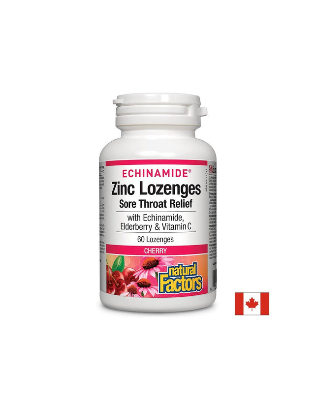 Echinamide® Zinc Lozenges | Sore Throat Relief - 60 дъвчащи дражета  Natural Factors - Nutra Best Bulgaria