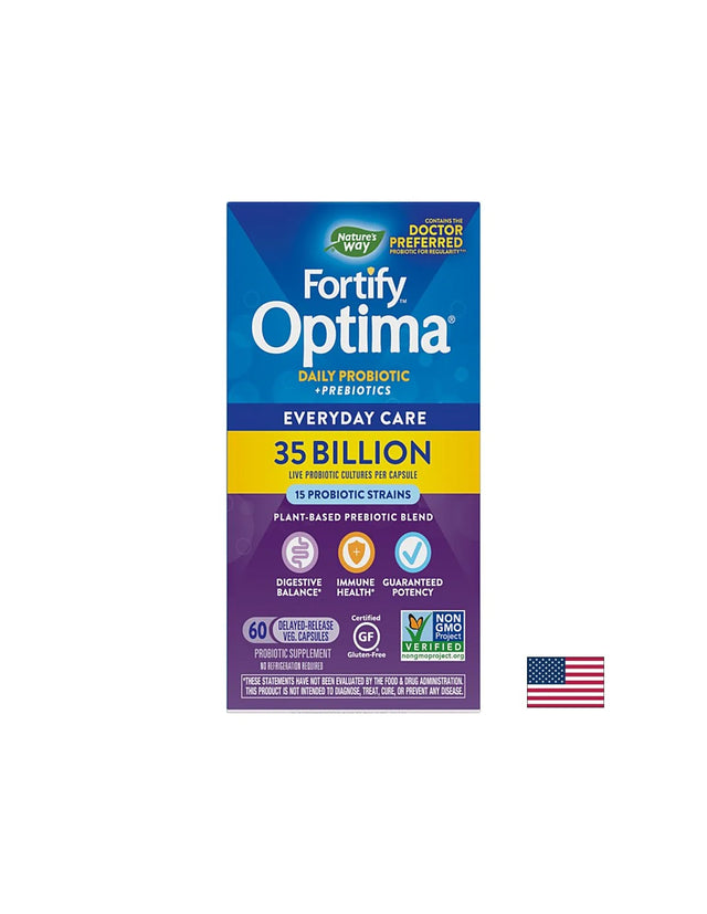 Fortify™ Optima® Daily Probiotic + Prebiotic - Фортифай пробиотик + пребиотици, 35 милиарда активни пробиотици, 60 капсули Nature’s Way - Nutra Best