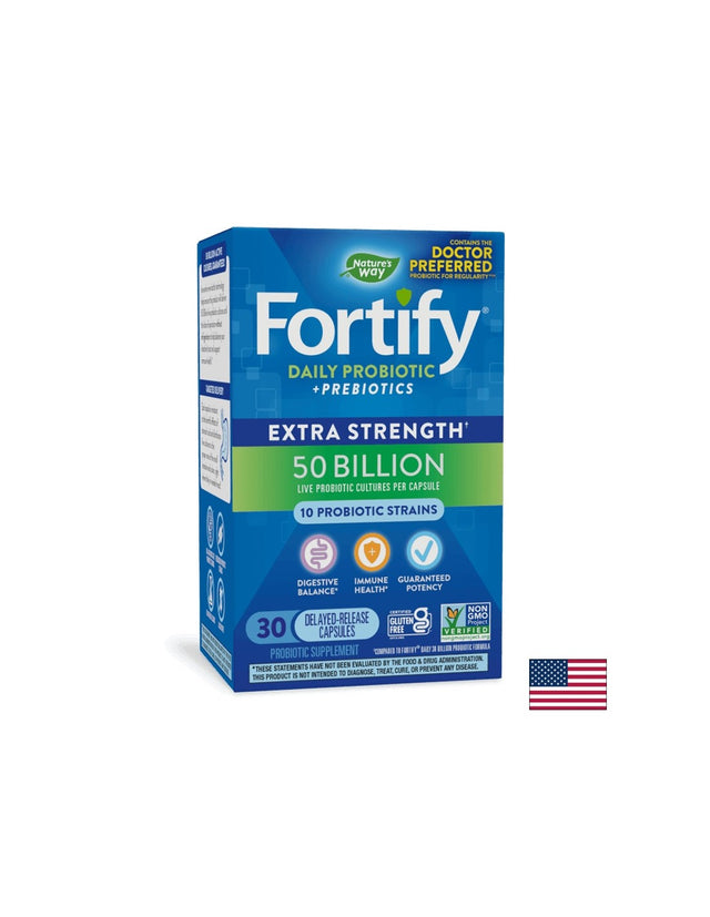 Пробиотик + пребиотици – високо дозирани - Fortify Probiotic Extra Strength, 50 млрд. активни пробиотици, 30 капсули  Nature’s Way - Nutra Best Bulgaria