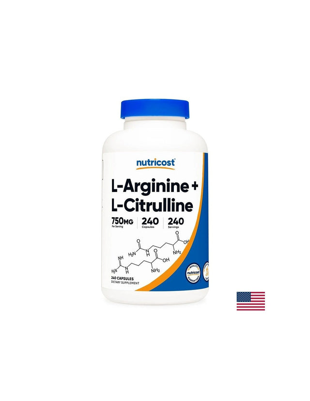 Тонус и енергия - Л-Аргинин + Л-Цитрулин (L-Arginine + L-Citrulline), 500 mg + 250 mg, 240 капсули  Nutricost - Nutra Best Bulgaria