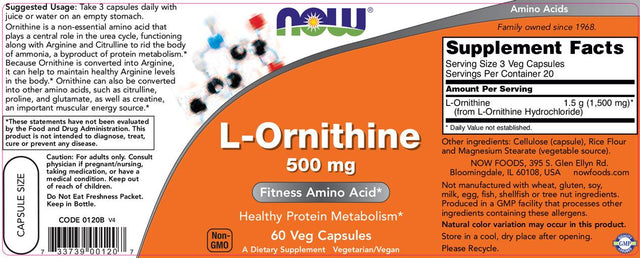 L-Ornithine 500 mg - 60 капсули  NOW Foods - Nutra Best Bulgaria