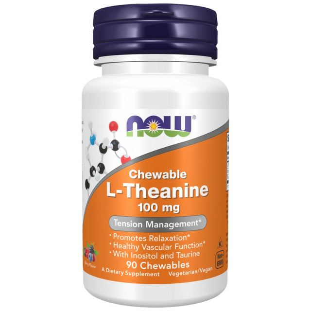 L-Theanine 100 mg Chewable | with Inositol & Taurine - 90 Дъвчащи таблетки  NOW Foods - Nutra Best Bulgaria