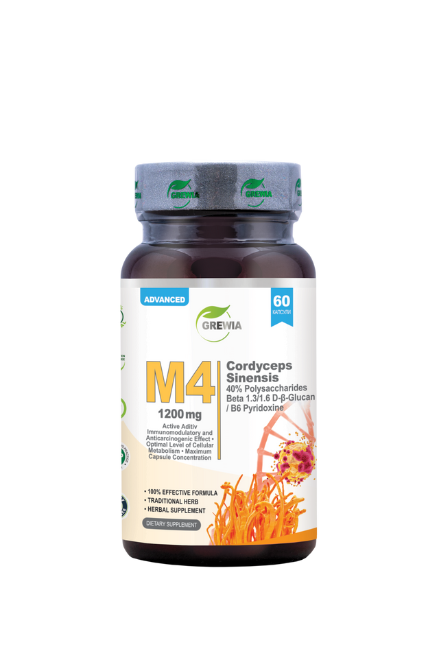 M4 Cordyceps Sinensis, Полизахариди, Beta 1.3/1.6 D-Beta-Glucan, B6 Pyridoxine – 1200 mg, 60 Caps  Grewia - Nutra Best Bulgaria