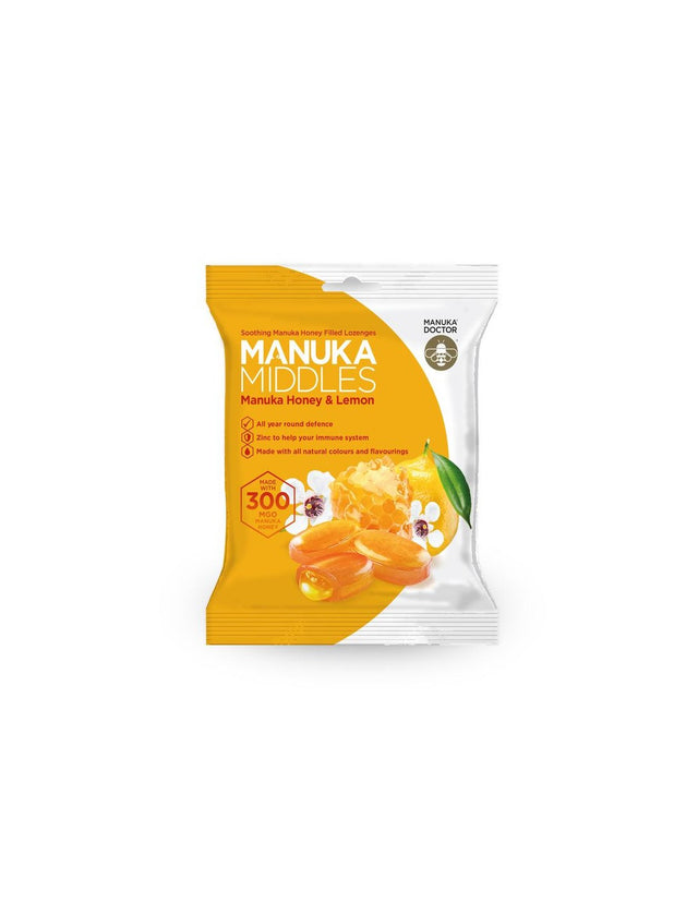 Вкусни бонбони за смучене с мед от манука, цинк и лимон - Manuka Middles Honey & Lemon MGO 300  Manuka Doctor - Nutra Best Bulgaria