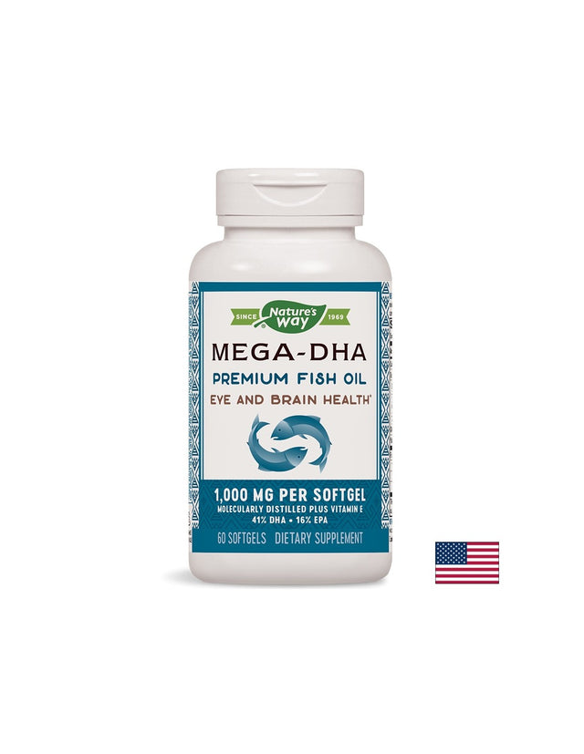 Mega-DHA - Рибено масло Мега-ДХА – за мозъка и зрението, 1000 mg, 60 софтгел капсули Nature’s Way  Nature’s Way - Nutra Best Bulgaria