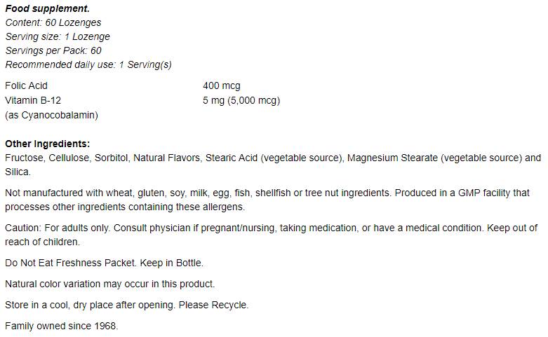 Vitamin B-12 5000 mcg with Folic Acid - 60 Подезични таблетки - Nutra Best