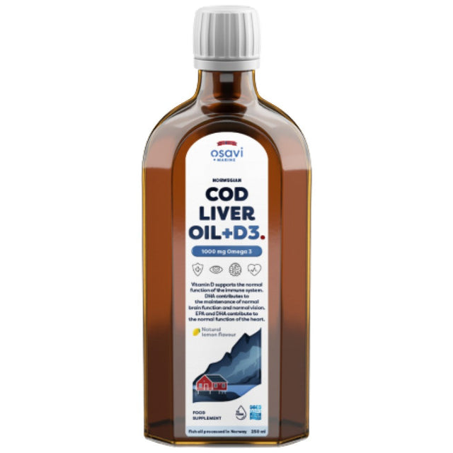 Norwegian Cod Liver Oil + D3 | Lemon Flavored Liquid Omega + D3 - 250 мл  Osavi - Nutra Best Bulgaria