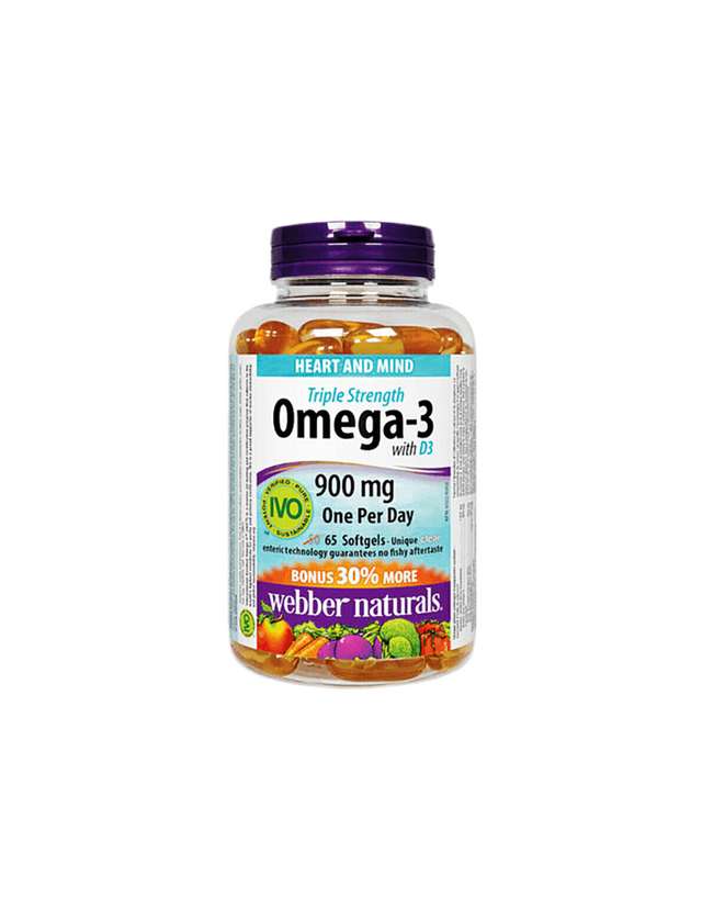Omega-3 Triple Strength + Vitamin D3 - Омега-3 (тройна концентрация) + Витамин D3 1000 IU, 65 софтгел капсули  Webber Naturals - Nutra Best Bulgaria