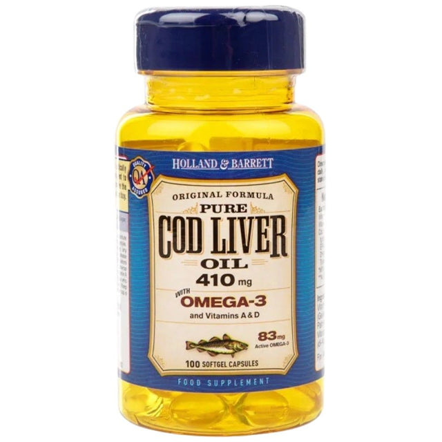 Pure Cod Liver Oil 410 mg / with Vitamin A & D - 100 Гел капсули  Holland & Barrett - Nutra Best Bulgaria