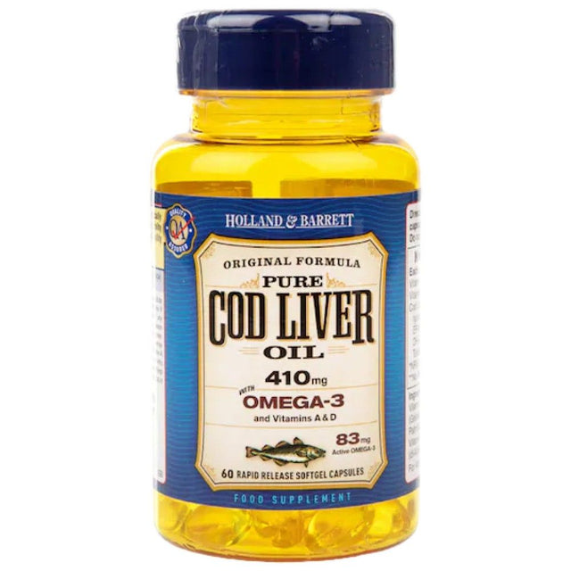 Pure Cod Liver Oil 410 mg / with Vitamin A & D - 60 Гел капсули  Holland and Barrett - Nutra Best Bulgaria