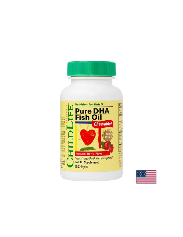 Pure DHA – Концентрация и добро зрение при децата, 180 mg Омега-3, 90 дъвчащи таблетки  Child Life - Nutra Best Bulgaria