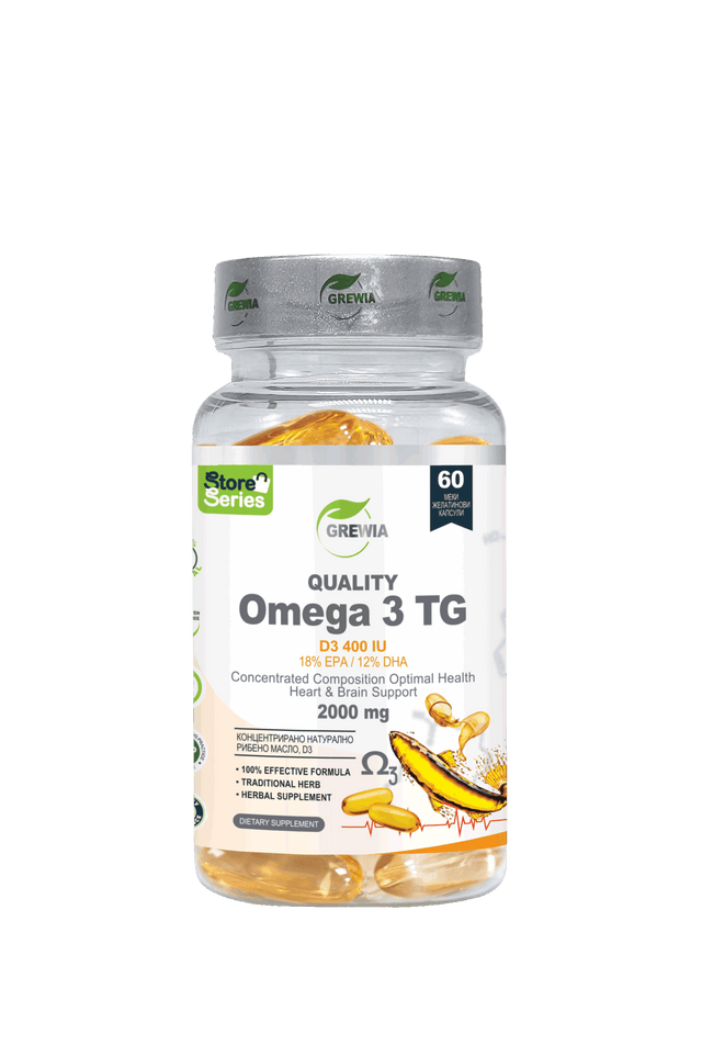 Quality Omega 3 TG D3 - 400 IU, EPA 18%, DHA 12% - 2000 mg дневна доза, 60 Softgel Caps  Grewia - Nutra Best Bulgaria