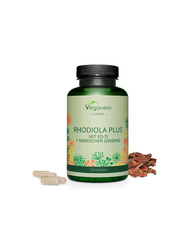Rhodiola Plus mit Fo-Ti + Sibirischer Ginseng/ Златен корен + Фо-ти и Сибирски женшен, 120 капсули, 100% Vegan  Vegavero - Nutra Best Bulgaria