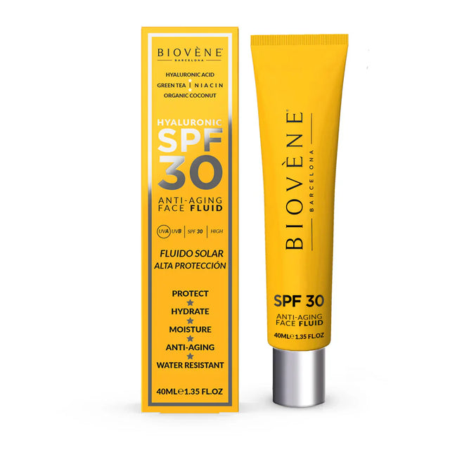 Хидратираща слънцезащита за лице SPF 30 с хиалуронова киселина против стареене - 40 мл  Biovène Barcelona - Nutra Best Bulgaria