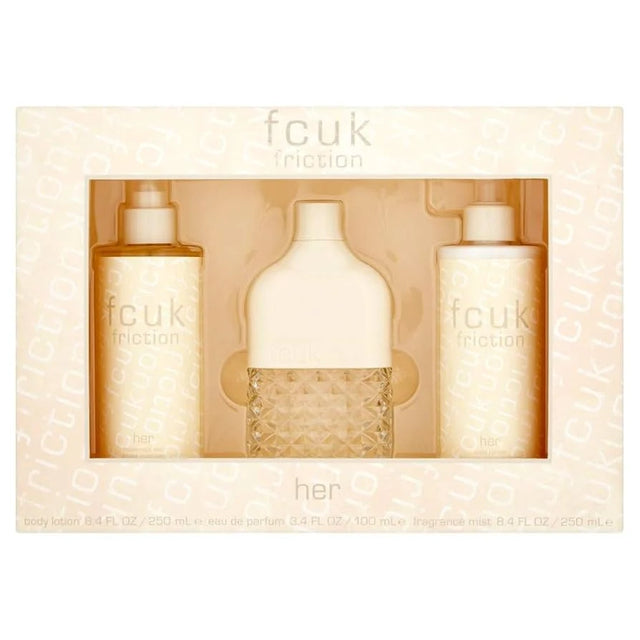Set Fcuk: Friction, Eau De Parfum, For Women, 100 ml + Friction, Hydrates, Body Lotion, 250 ml + Friction, Scented Spray, For Women, 250 ml  Fcuk - Nutra Best Bulgaria