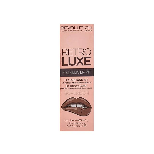Set Makeup Revolution: Retro Luxe, Metallic, Liquid Lipstick, Sovereign, 5.5 ml + Retro Luxe, Lip Liner, Sovereign, 1 g  Makeup Revolution - Nutra Best Bulgaria