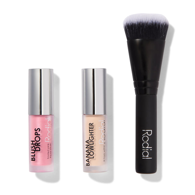 Xmas 2024 Set Rodial: Blush Drops, Radiant Finish, Liquid Blush, Frosted Pink, 15 ml + Banana Lowlighter, Illuminating, Liquid Highlighter, For Face, 1.6 ml + The Buffing, Mini, Foundation Brush, No. 10  Rodial - Nutra Best Bulgaria