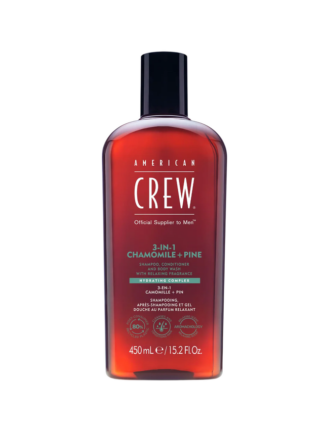 American Crew, 3-In-1 Tea Tree, Chamomile & Pine, Шампоан за коса, балсам и душ гел 3-в-1, Хидратиращ, 450 мл