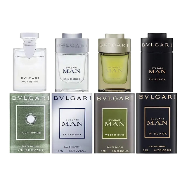 Set Bvlgari: Pour Homme, Eau De Toilette, For Men, 5 ml *Miniature + Rain Essence, Eau De Parfum, For Men, 5 ml + Man Wood Essence, Eau De Parfum, For Men, 5 ml *Miniature + Man In Black, Eau De Parfum, For Men, 5 ml *Miniature  Bvlgari - Nutra Best Bulgaria