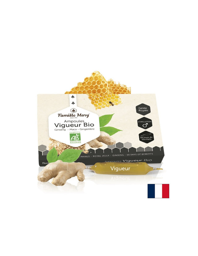 Ampoules Vigueur Bio Ginseng, Maca, Gingembre + Gelée royale / Формула за жизненост и мъжка потентност, 10 ампули Famille Mary - Nutra Best Bulgaria