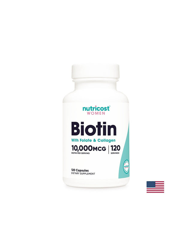 Коса, кожа, нокти - Биотин с Фолат и Колаген, 120 капсули Nutricost - Nutra Best Bulgaria