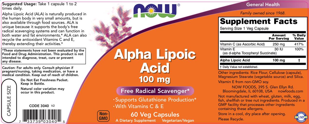Alpha Lipoic Acid 100 mg - 60 капсули  NOW Foods - Nutra Best Bulgaria