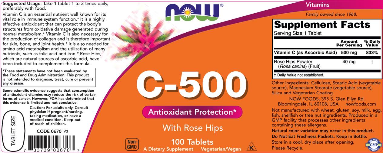 Vitamin C-500 with Rose Hips - 100 Таблетки  NOW Foods - Nutra Best Bulgaria
