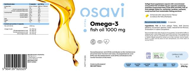 Omega 3 Fish Oil 1000 mg / Lemon Flavor - 180 Гел капсули  Osavi - Nutra Best Bulgaria