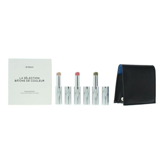 Blue Set Byredo: Colour Stick, Multifunctional, Eyeshadow Stick, 509, Solar Flare, 3.5 g + Colour Stick, Multifunctional, Eyeshadow Stick, Kumato Face, 3.5 g + Colour Stick, Multifunctional, Eyeshadow Stick, Flower Play, 3.5 g + Byredo, GWP Leather Pouch  Byredo - Nutra Best Bulgaria