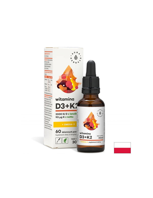 В подкрепа на костите, имунитета и мозъчната функция - Витамин D3 + K2 + Oмега-3, 30 ml капки Aura Herbals - Nutra Best Bulgaria